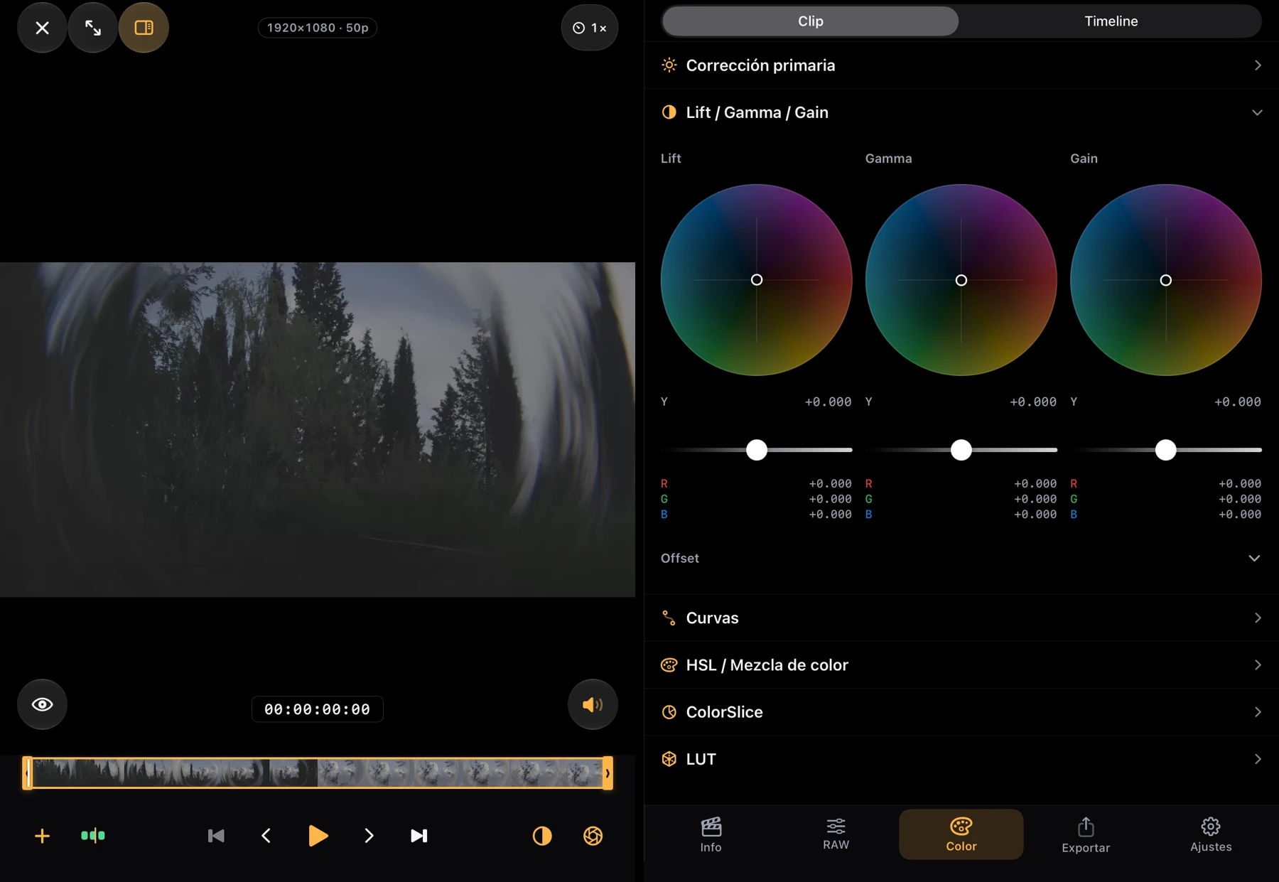 Captura de las ruedas de color Lift, Gamma y Gain, con controles de luminancia y RGB
