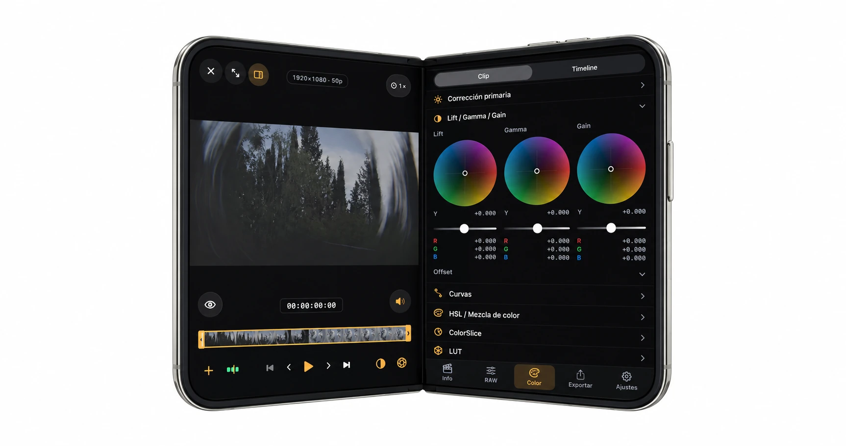 Render conceptual de iPhone Duo en modo libro con pantalla dividida entre vídeo y color