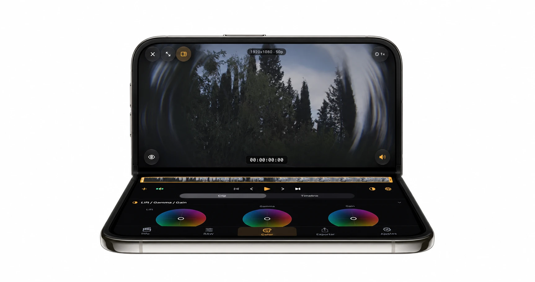 Render conceptual de iPhone Duo en modo laptop: vídeo en la pantalla superior y controles de color en la superficie inferior