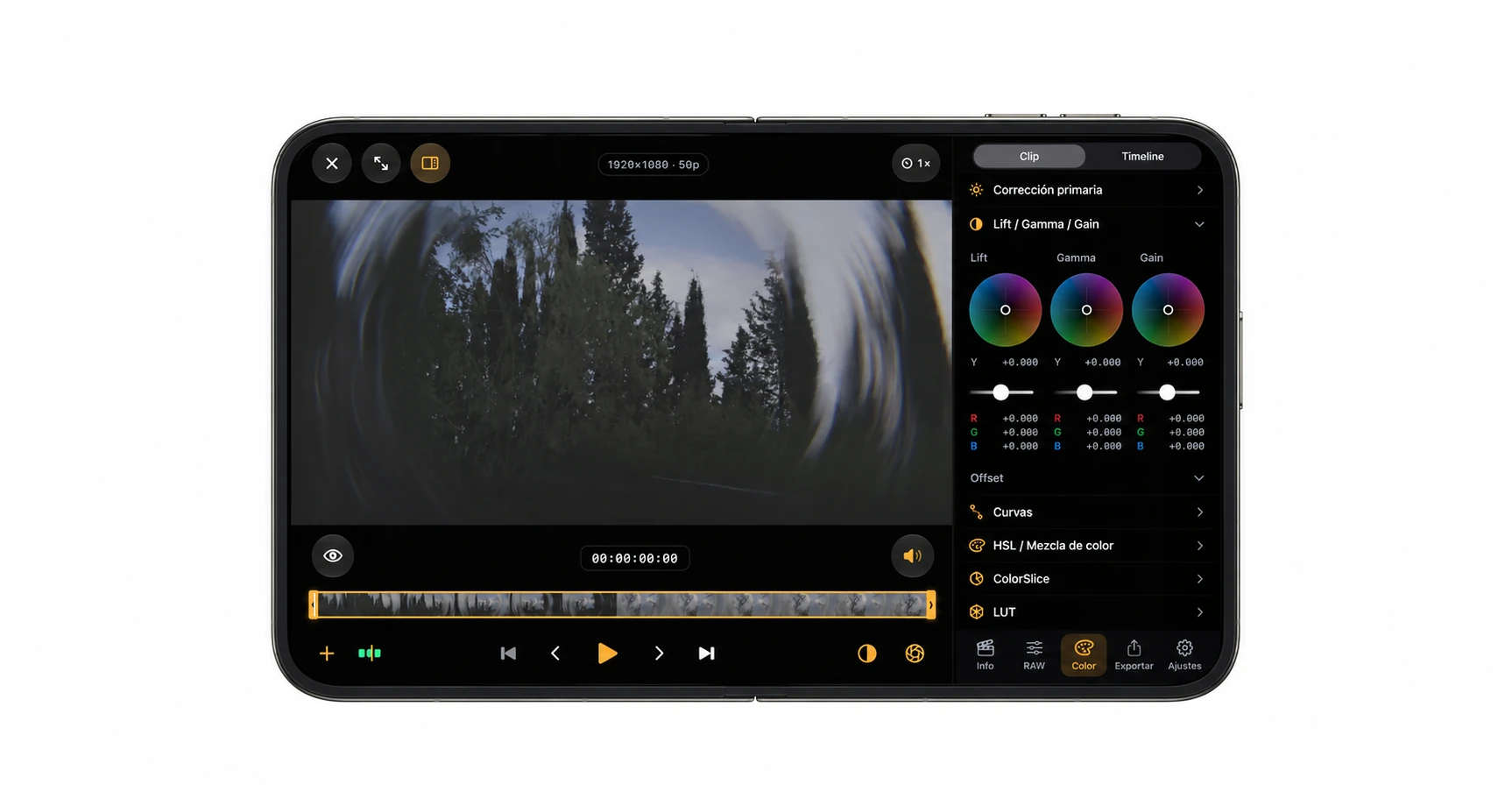 Render conceptual de BlackRAW Studio en iPhone Duo abierto, con visor a la izquierda y controles a la derecha